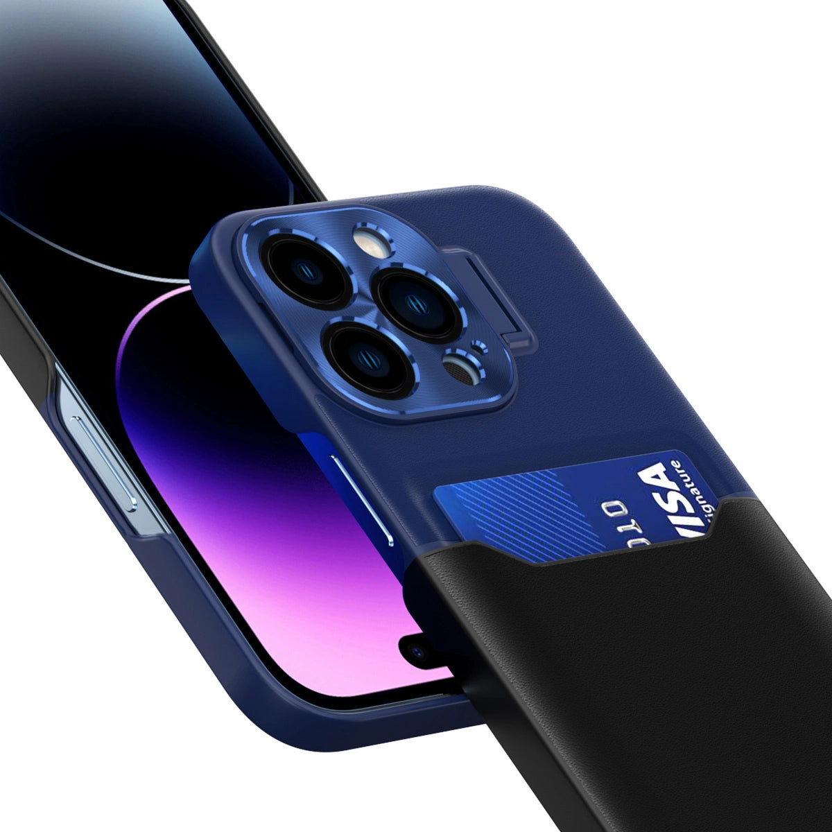Leather Stand Case etui do iPhone 14 Pro na kartę z podstawką niebieskie