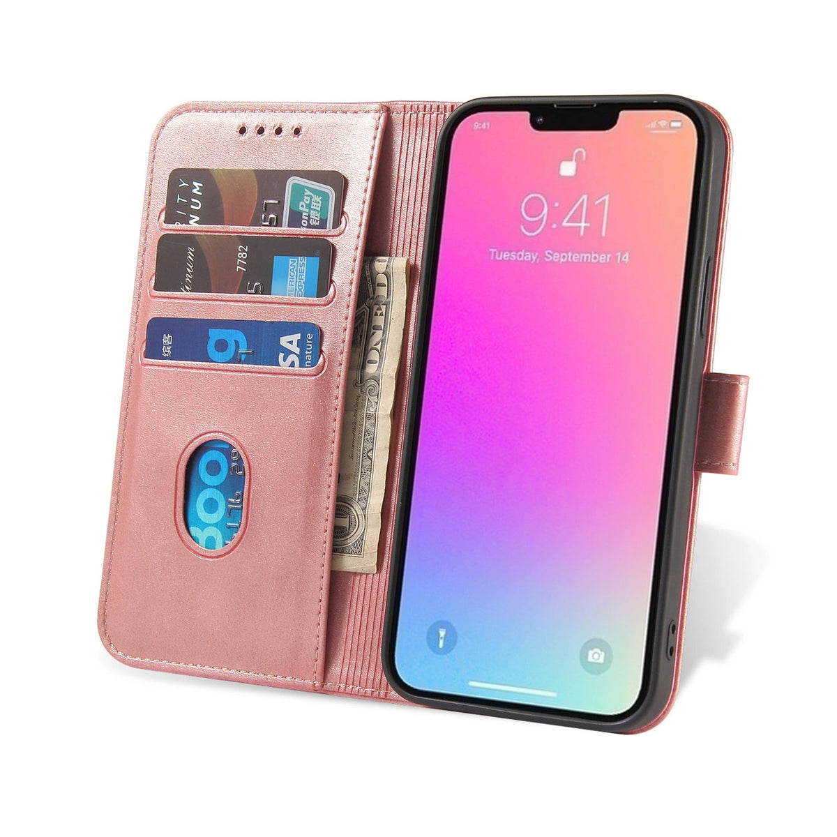 Etui portfel z klapką podstawką do iPhone 15 Pro Magnet Case - różowe – zdjęcie 7