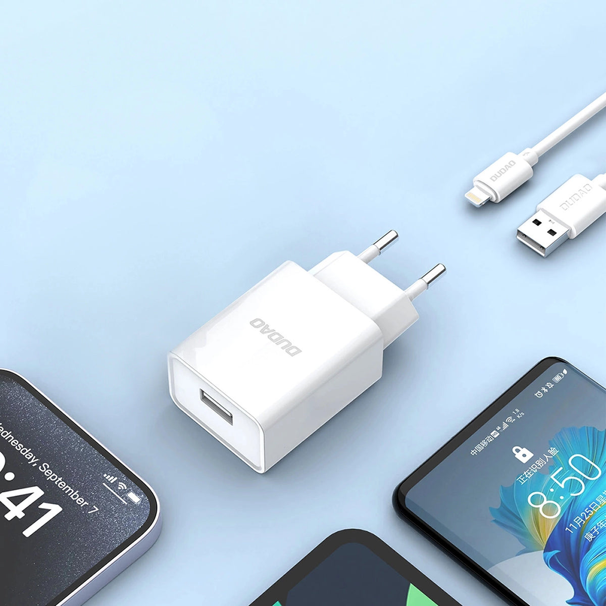 Ładowarka sieciowa Dudao A4EU USB-A 2.1A - biała + kabel USB-A - Lightning – zdjęcie 9