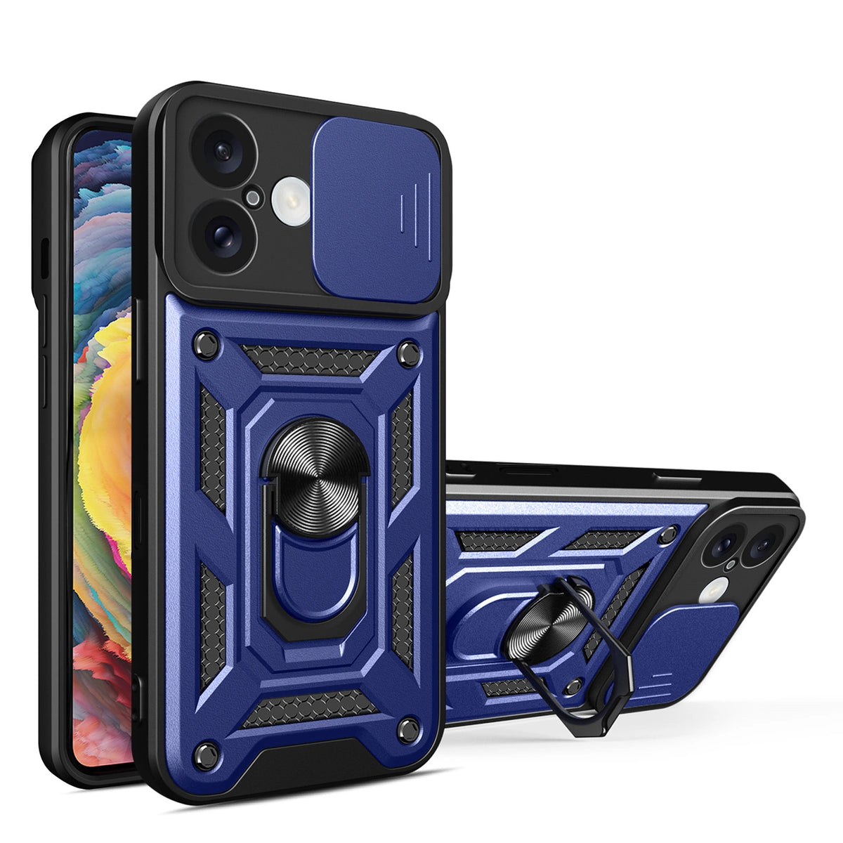 Etui Hybrid Armor Camshield na iPhone na aparat z podstawką - niebieskie