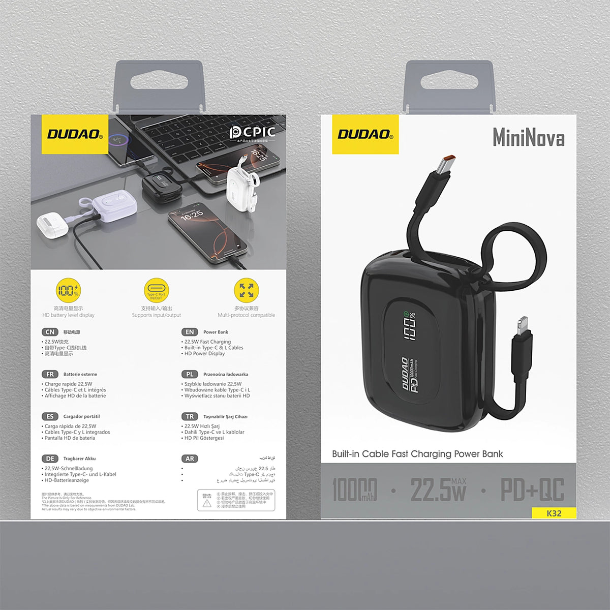 Powerbank Dudao K32 22,5W 10000 mAh z wbudowanym kablem - czarny – zdjęcie 7