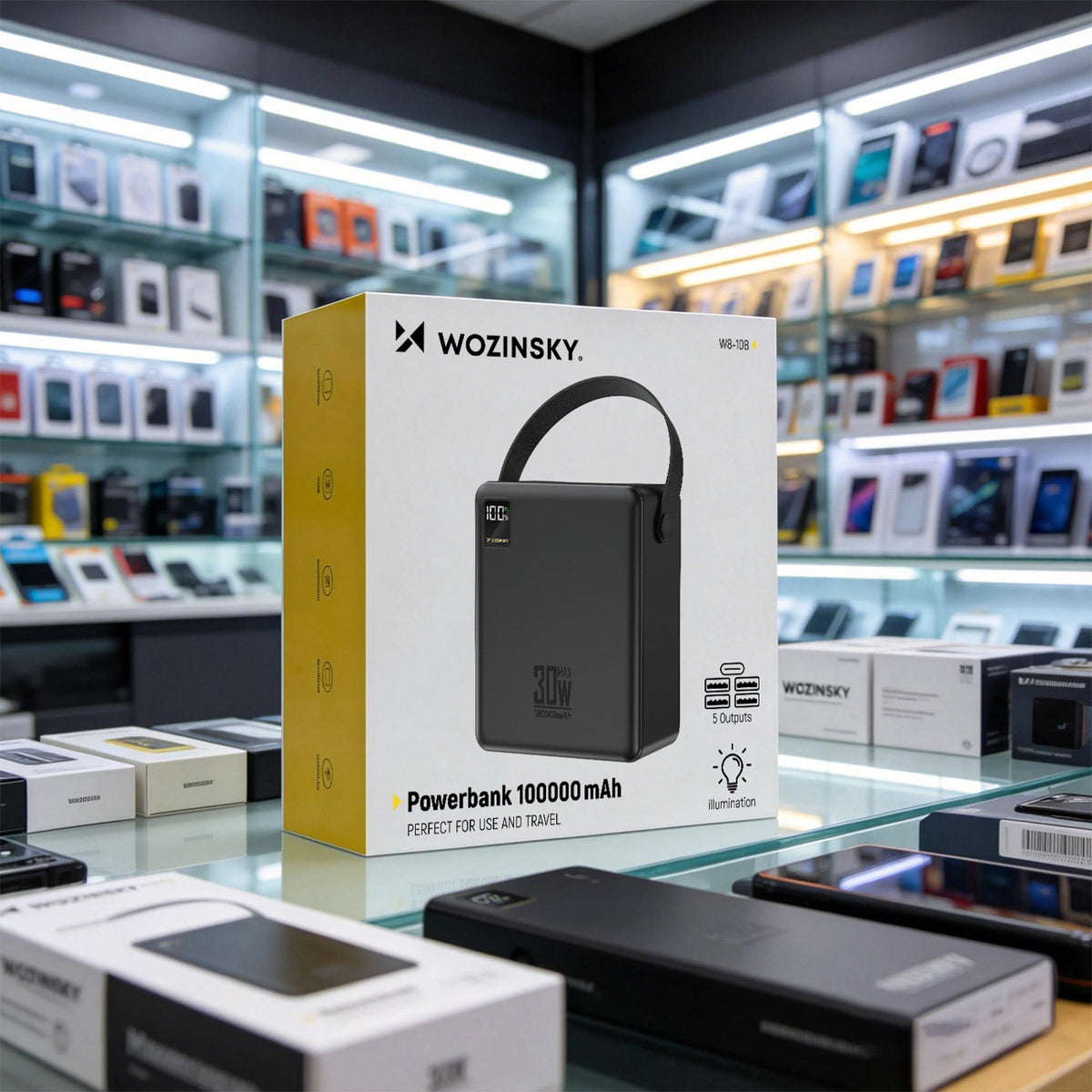 Powerbank Wozinsky W8-B 100000mAh 30W 2xUSB-A i 2xUSB-C z latarką - czarny – zdjęcie 10