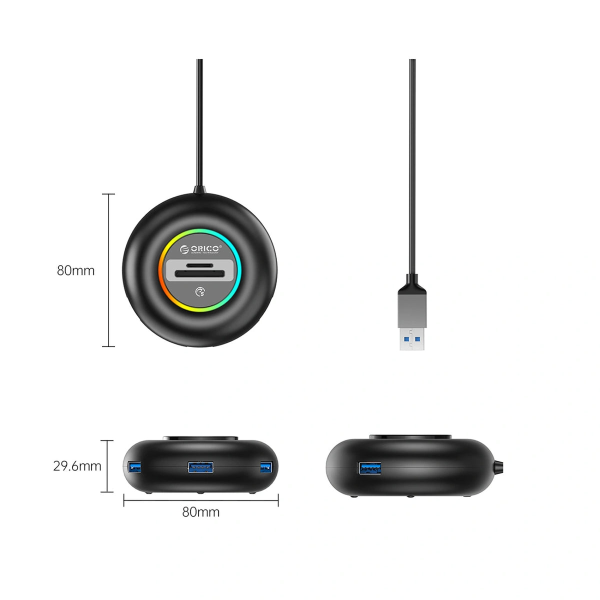 Hub USB Orico YXR5-U3 RGB 4-portowy USB-A 3.0 z czytnikiem kart - czarny – zdjęcie 2