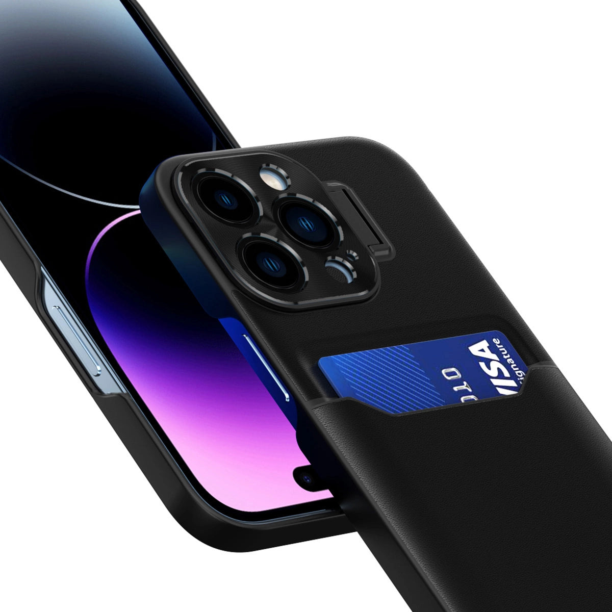 Leather Stand Case etui do iPhone 14 Pro na kartę z podstawką czarne – zdjęcie 2