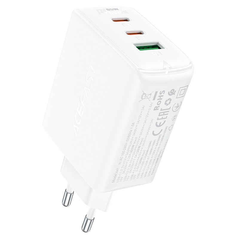 Acefast szybka ładowarka sieciowa GaN (2x USB-C / USB-A) PPS / PD / QC4+