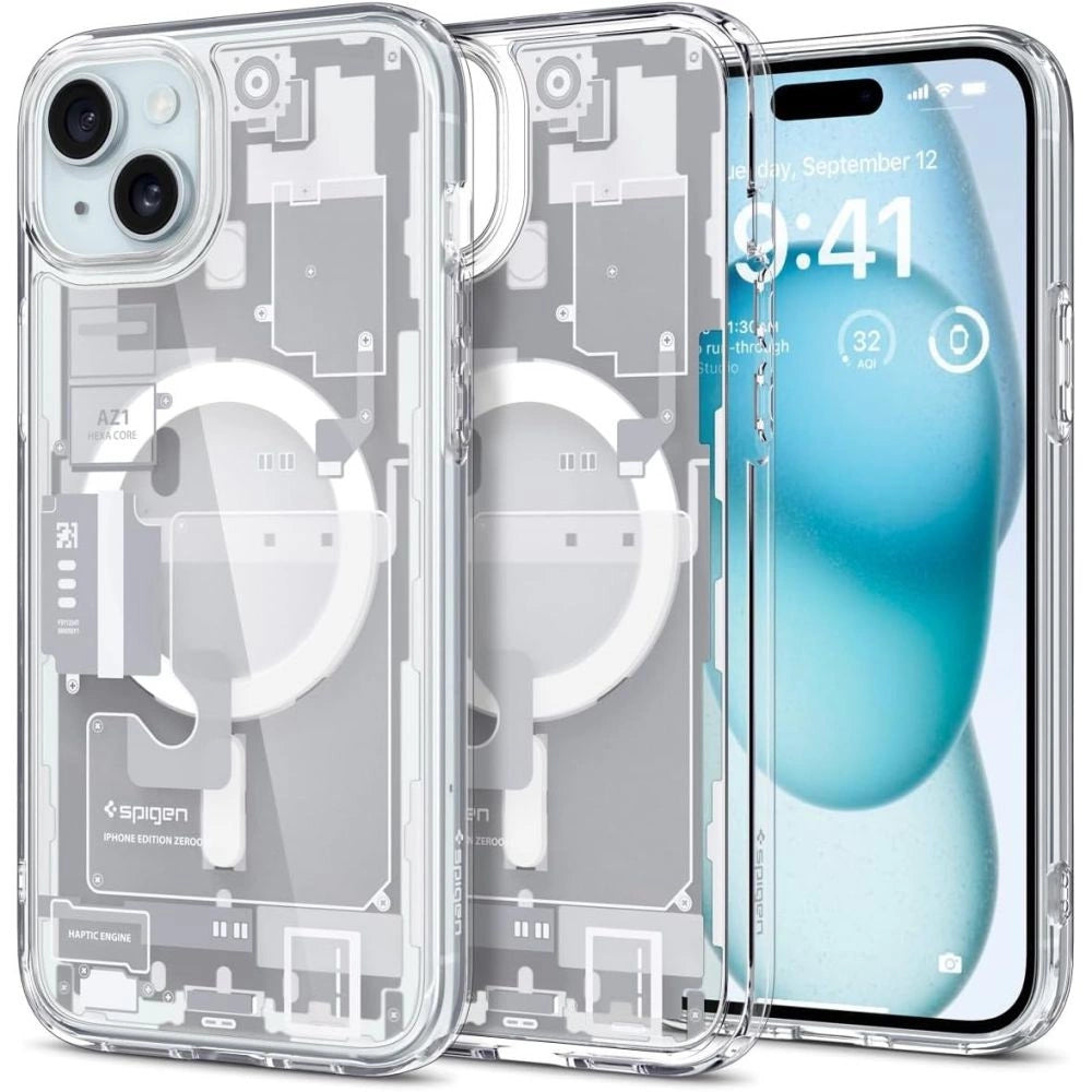 Etui Spigen Ultra Hybrid Mag z na iPhone 15 Plus - białe (wzór Zero One)