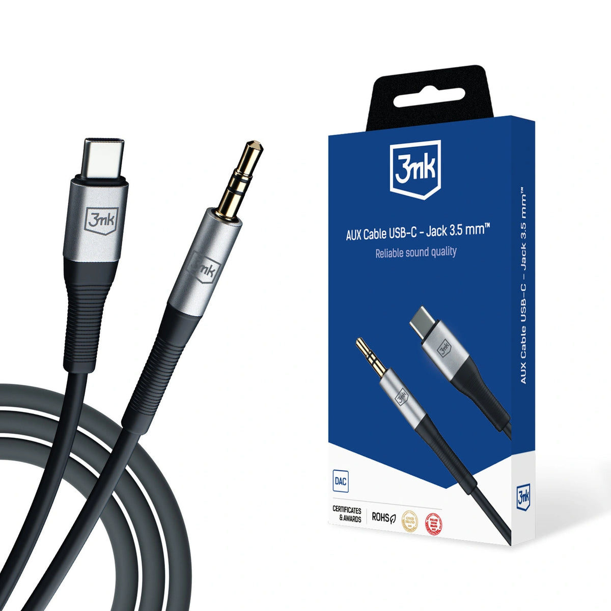 Kabel 3mk AUX minijack 3.5 mm / USB-C - srebrny