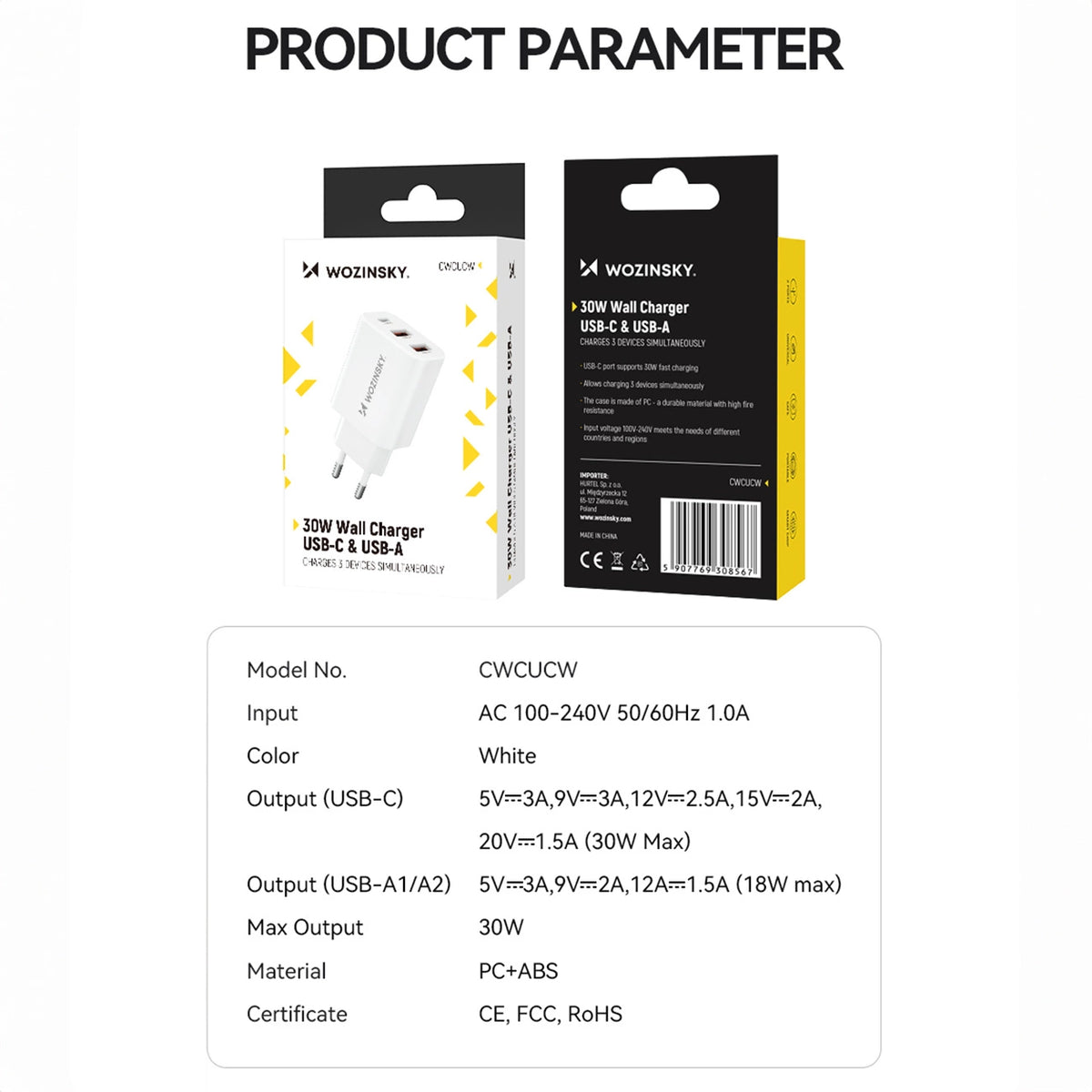 Ładowarka sieciowa Wozinsky CWCUCW 30W USB-C / 2 x USB-A - biała – zdjęcie 5