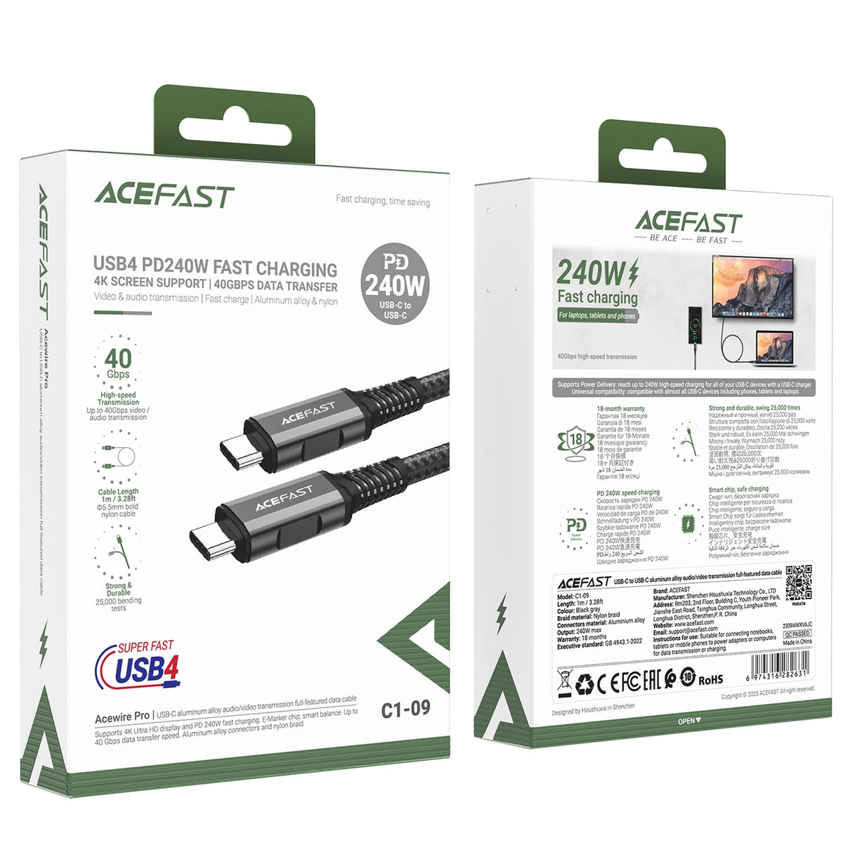 Kabel Acefast C1-09 USB-C / USB-C USB4 PD3.1 5A 1m - szaro-czarny – zdjęcie 5