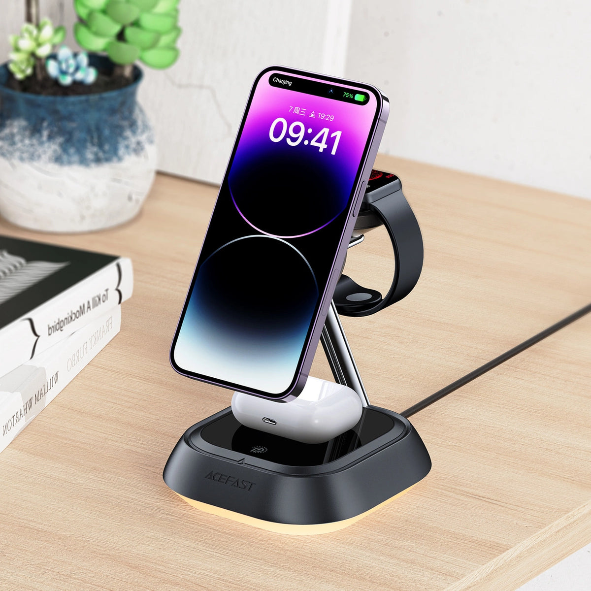 Stacja ładująca indukcyjna 3w1 do telefonu / słuchawek / zegarka - czarna – zdjęcie 3