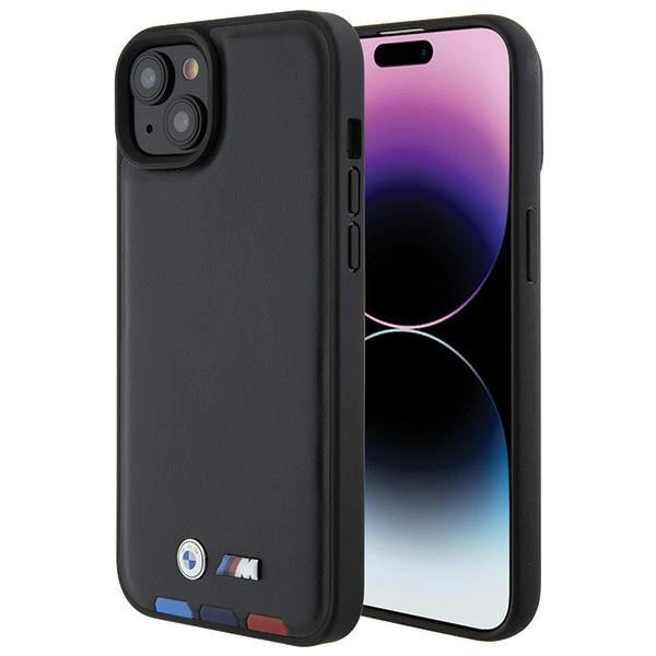 Etui BMW Leather Stamp Tricolor do iPhone 15 Plus - czarne
