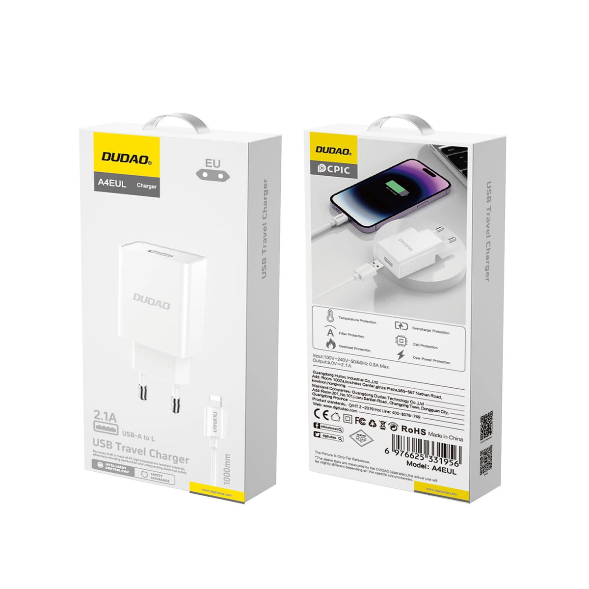 Ładowarka sieciowa Dudao A4EU USB-A 2.1A - biała + kabel USB-A - Lightning – zdjęcie 3