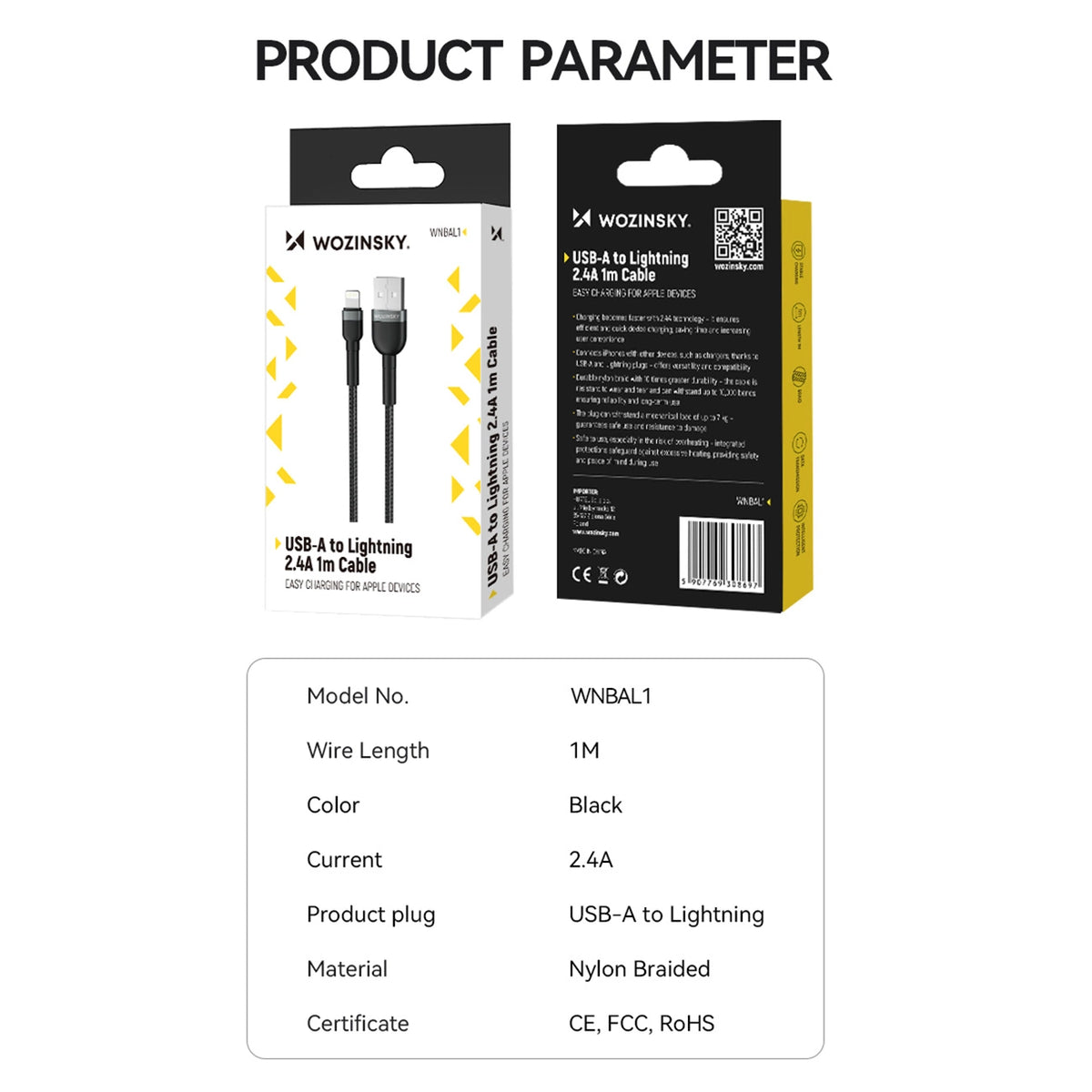 Kabel Wozinsky WNBAL1 USB-A / Lightning 2.4A 1 m - czarny – zdjęcie 5