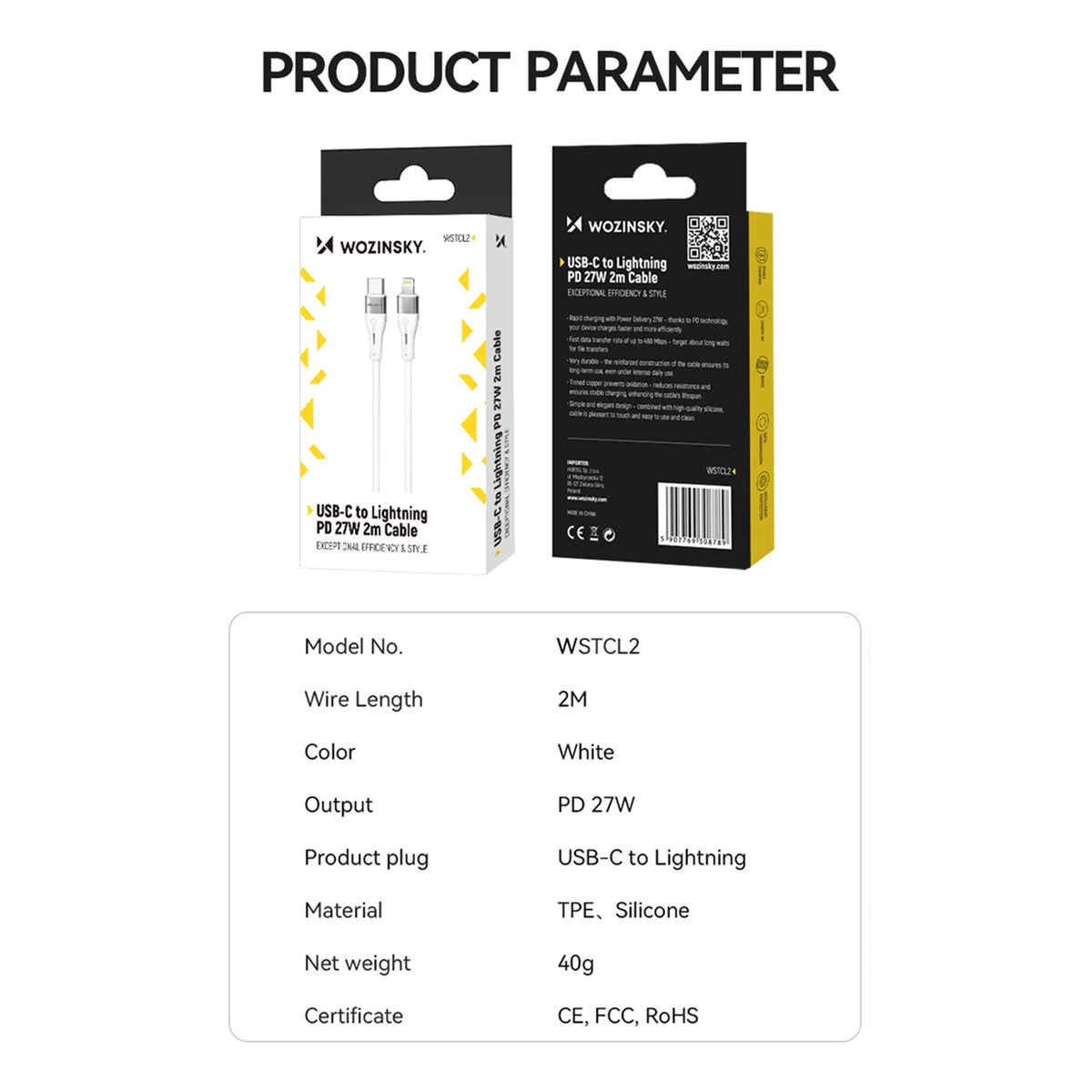 Kabel Wozinsky WSTCL1 Lightning / USB-C PD 27W 1 m - biały – zdjęcie 5