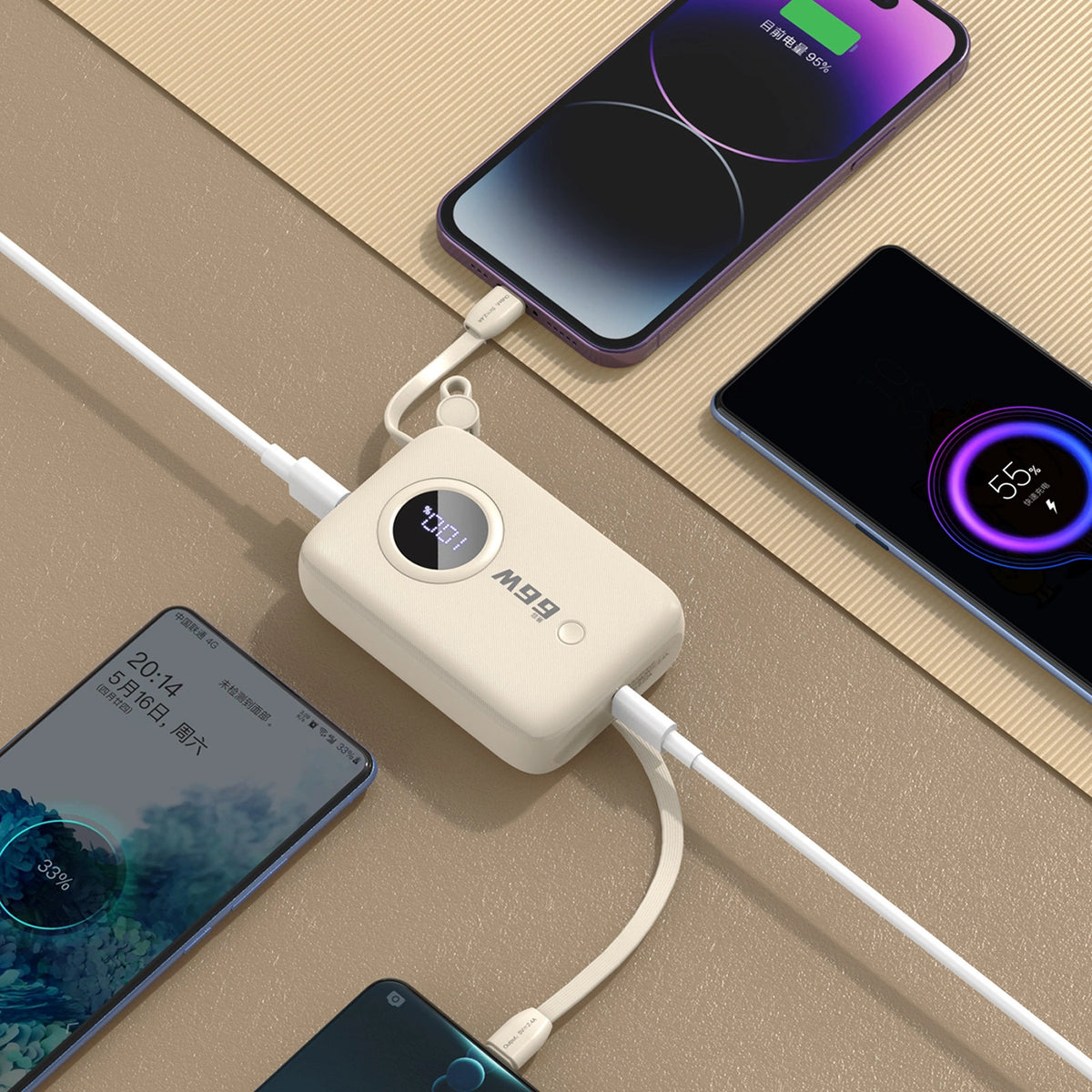 Powerbank Dudao K14 10000mAh z kablami USB-C / Lightning - beżowy – zdjęcie 4