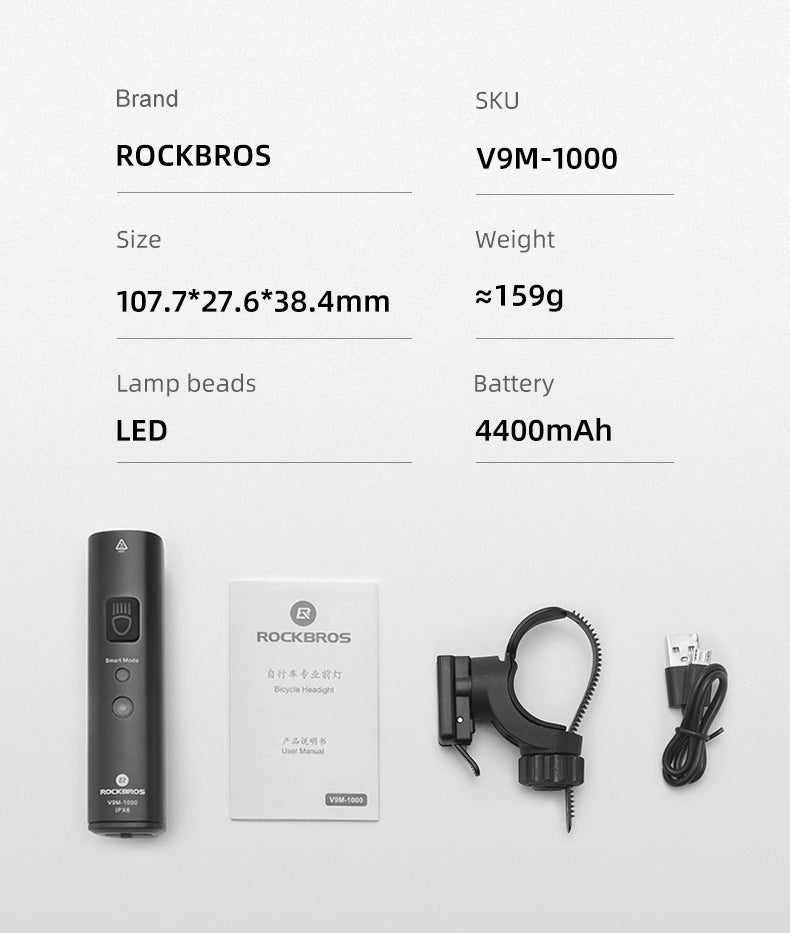 Lampka rowerowa Rockbros V9M-1000 przednia 1000lm - czarna – zdjęcie 9