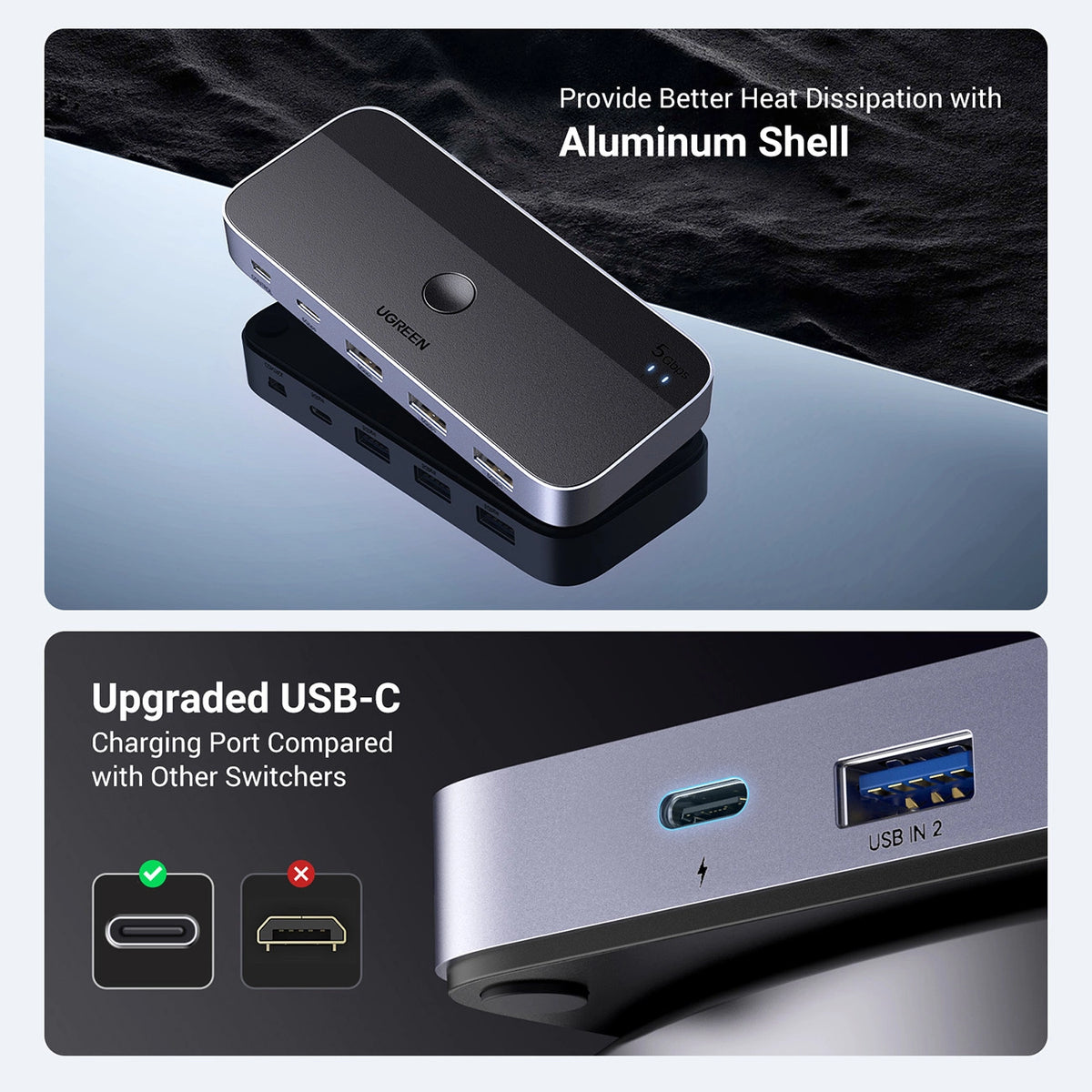 Przełącznik switch Ugreen CM662 USB 3.0 switch 2-in-4 + 2x kabel - czarny