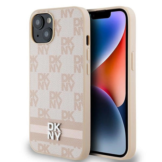 Etui DKNY Leather Checkered Mono Pattern & na iPhone 15 / 14 / 13 - różowe
