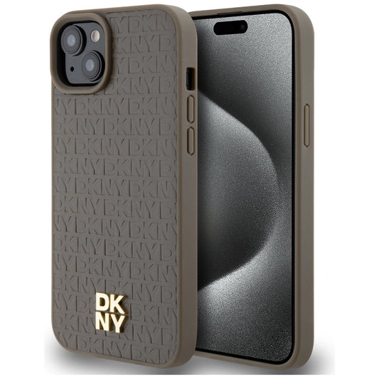 Etui DKNY Leather Pattern Metal Logo na iPhone 15 Plus / 14 Plus - brązowe