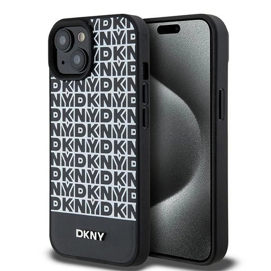 Etui DKNY Leather Printed Pattern Metal na iPhone 15 / 14 / 13 - czarne