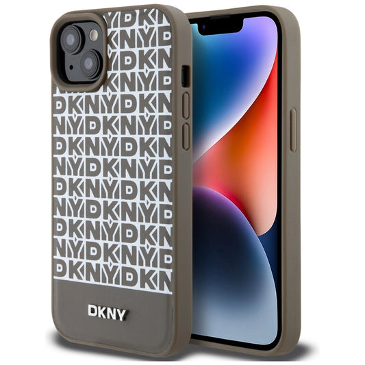 Etui DKNY Leather Printed Pattern Metal na iPhone 15 / 14 / 13 - brązowe