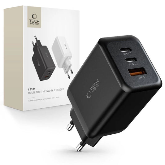 Ładowarka Tech-Protect C65W sieciowa 2x USB-C PD 65W / USB-A QC - czarna