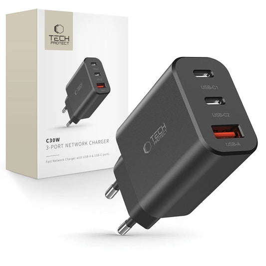 Ładowarka Tech-Protect NC30W sieciowa 2x USB-C PD 30W / USB-A QC - czarna