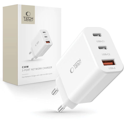 Ładowarka Tech-Protect NC30W sieciowa 2x USB-C PD 30W / USB-A QC - biała