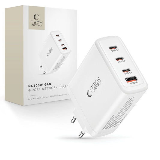 Ładowarka Tech-Protect NC100W-GAN sieciowa GaN 3x USB-C PD 100W - biała