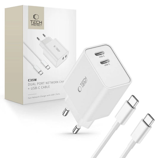 Ładowarka Tech-Protect C35W sieciowa 2x USB-C PD 35W z kablem - biała