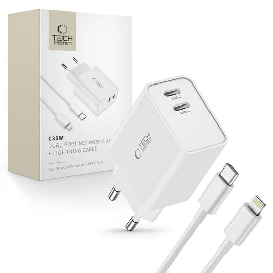 Ładowarka Tech-Protect C35W sieciowa 2x USB-C PD 35W z kablem - biała
