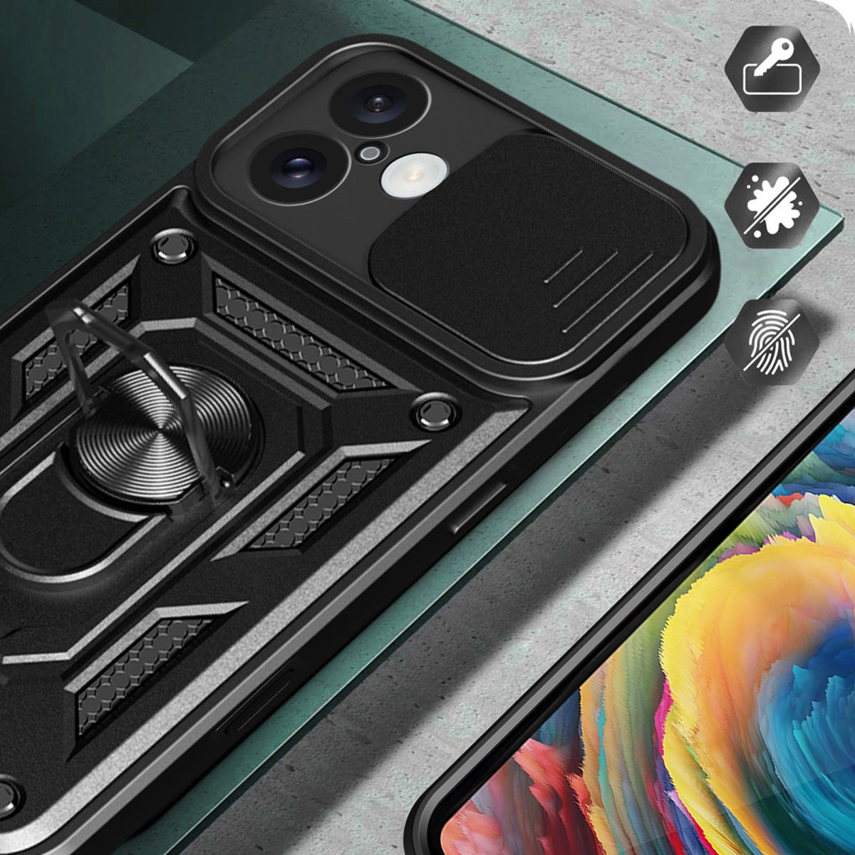Etui Hybrid Armor Camshield na iPhone 16 na aparat z podstawką - czarne – zdjęcie 3