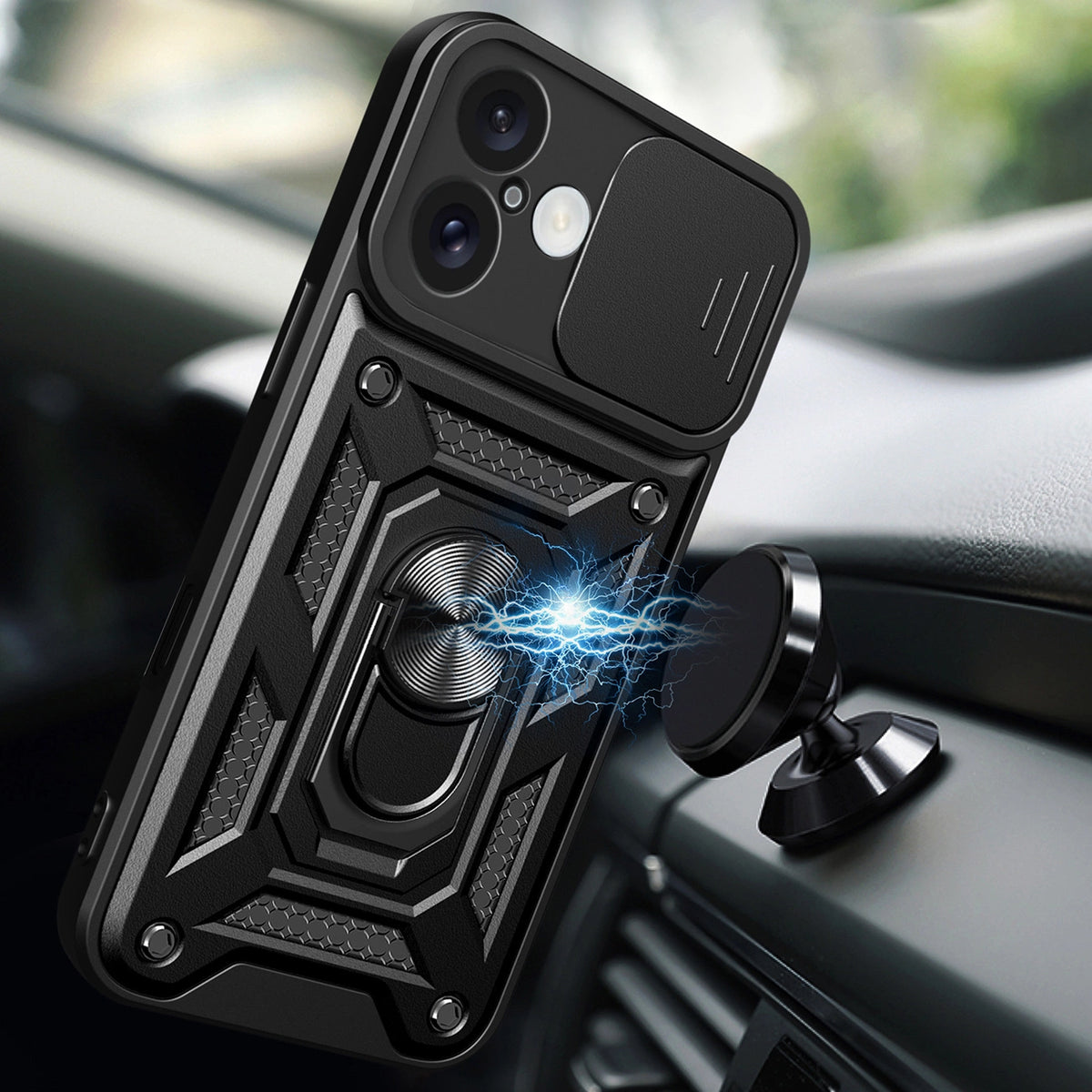 Etui Hybrid Armor Camshield na iPhone 16 na aparat z podstawką - czarne – zdjęcie 5