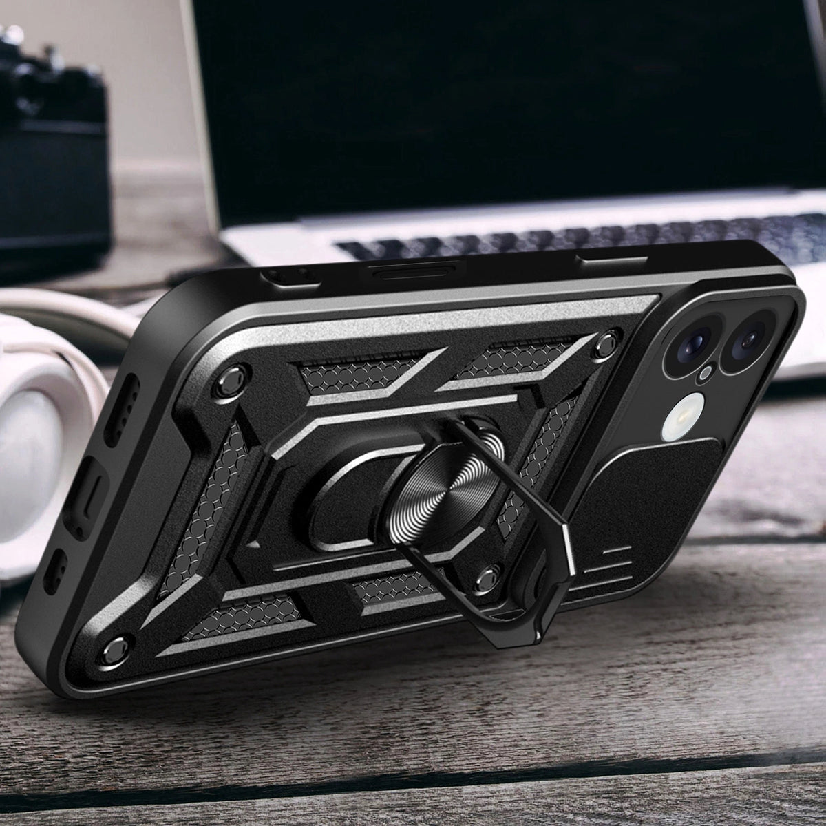 Etui Hybrid Armor Camshield na iPhone 16 na aparat z podstawką - czarne – zdjęcie 6