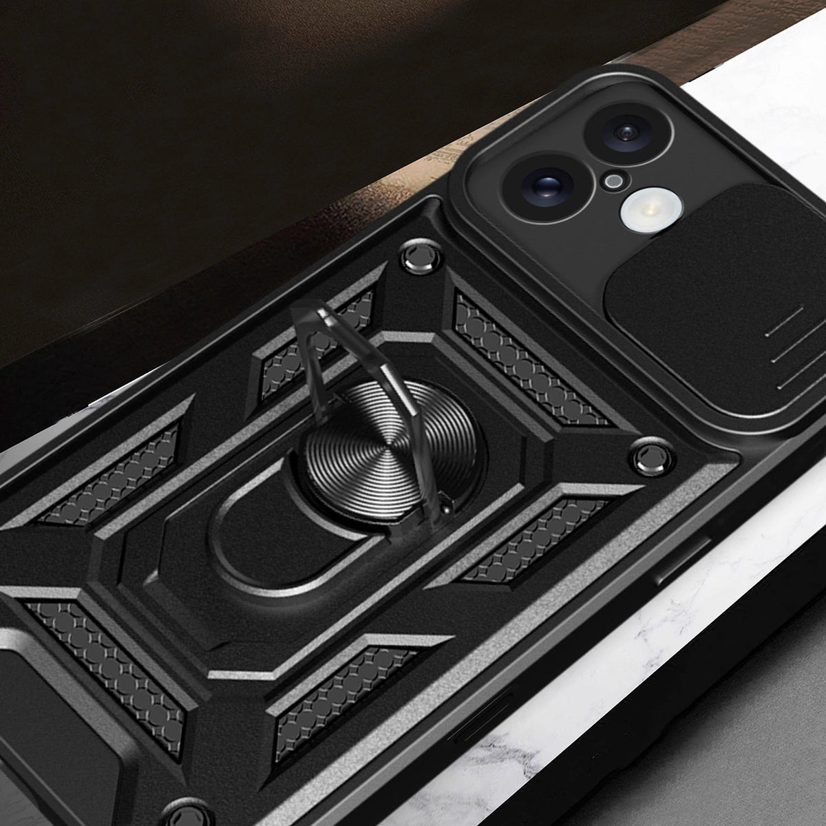 Etui Hybrid Armor Camshield na iPhone 16 na aparat z podstawką - czarne – zdjęcie 7