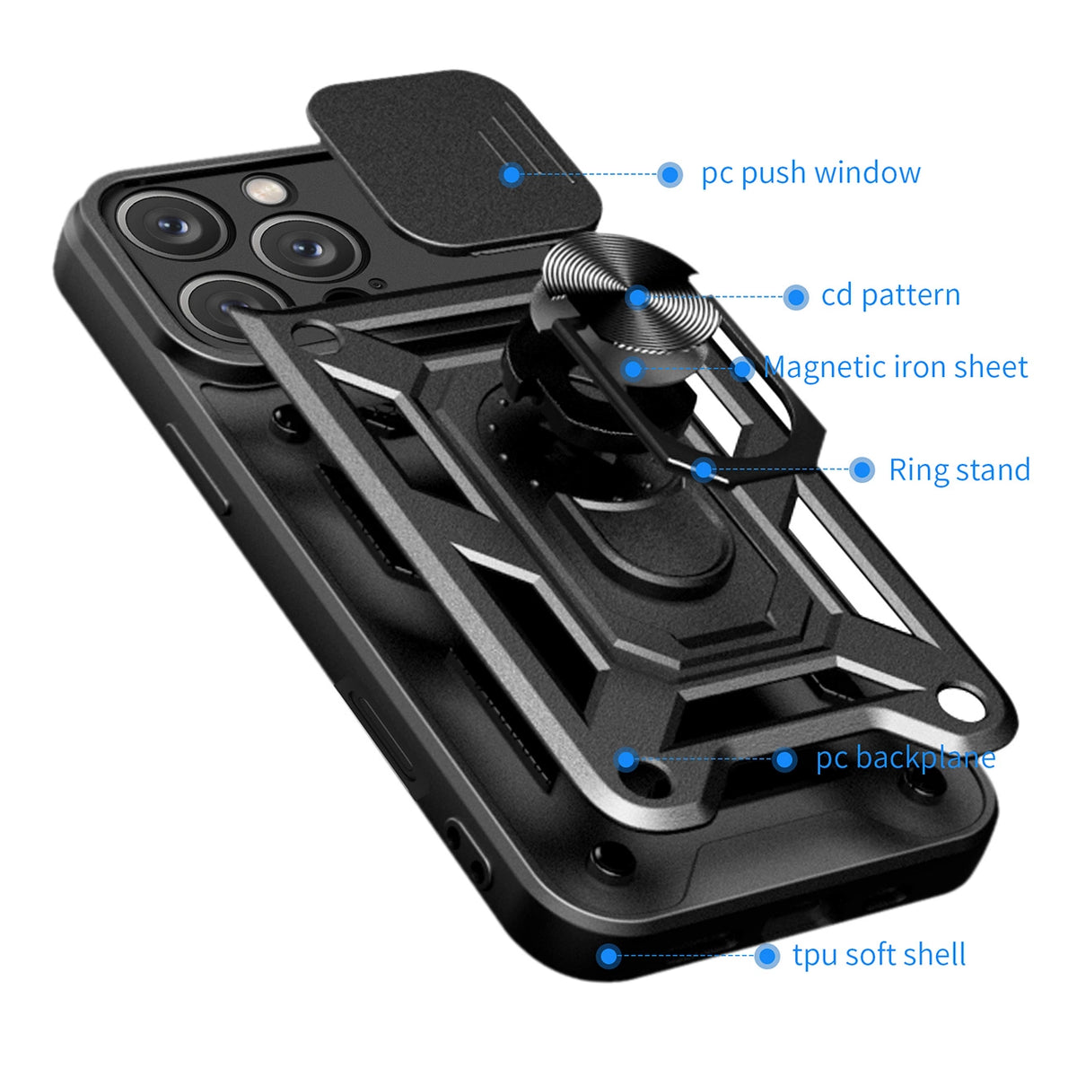 Etui Hybrid Armor Camshield na iPhone 16 na aparat z podstawką - czarne – zdjęcie 9