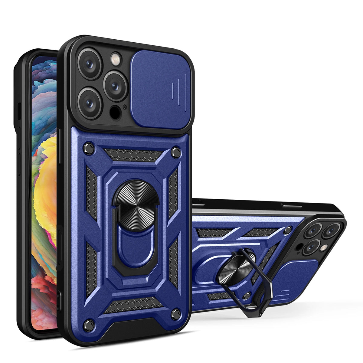 Etui Hybrid Armor Camshield na iPhone na aparat z podstawką - niebieskie
