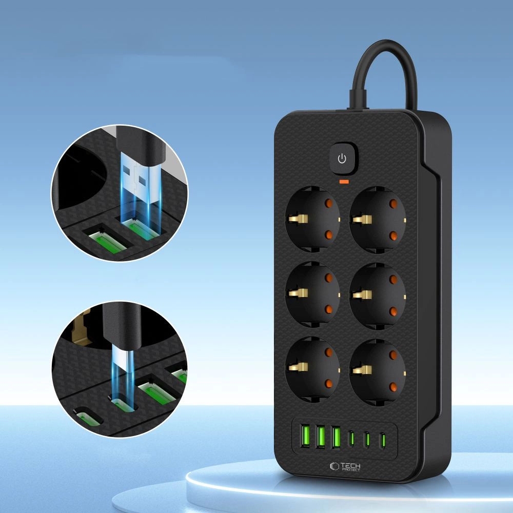 Listwa zasilająca Tech-Protect PC6X6 6 gniazd 240V + 3xUSB-A + 3xUSB-C 200cm - czarna – zdjęcie 3