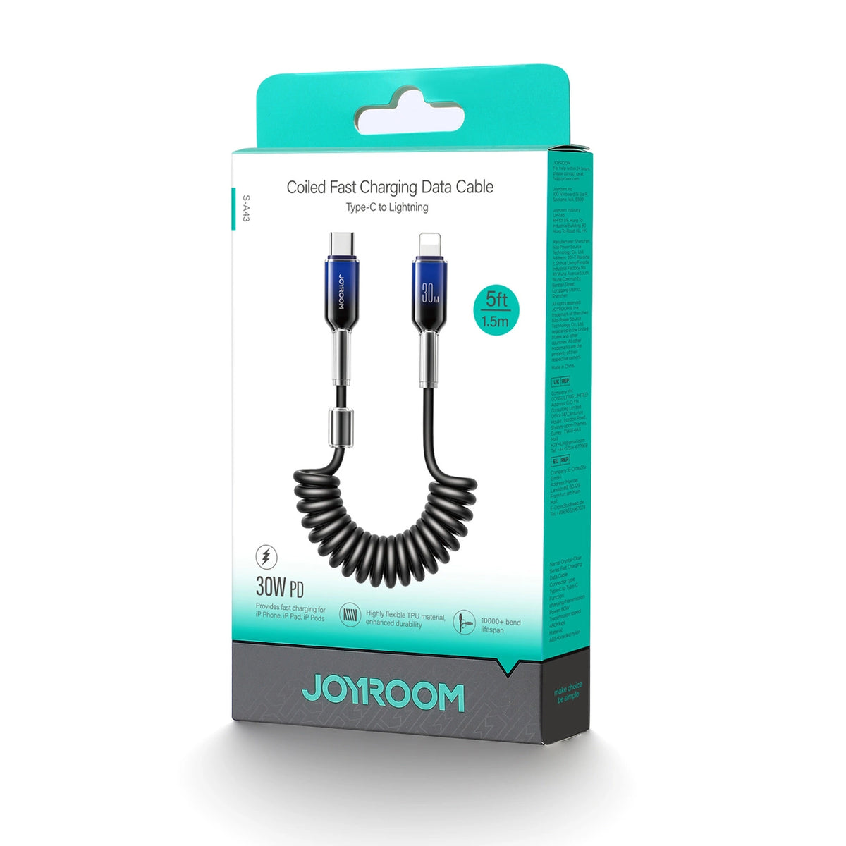 Kabel spiralny Joyroom S-A43 Crystal-Clear Series 30W USB-C - czarny – zdjęcie 2