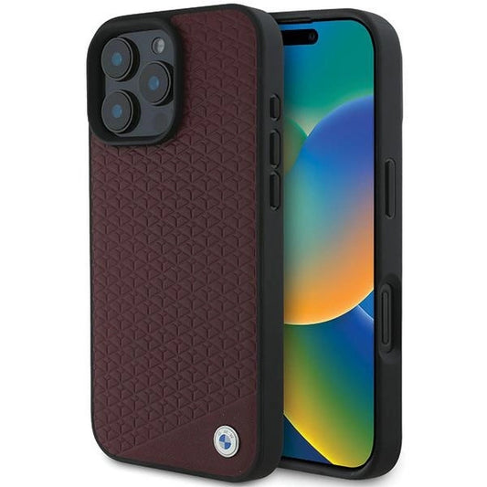 Etui BMW Sign Leather Diamond Metal Logo na iPhone 16 Pro Max - czerwone