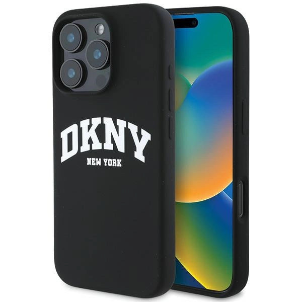 Etui DKNY Silicone White Printed Logo MagSafe na iPhone 16 Pro Max - czarne