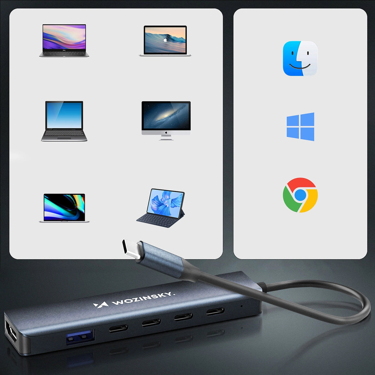 Hub USB-C 6 w 1 Wozinsky WHBC10Y4S wielofunkcyjny, aluminiowy, z - szary – zdjęcie 6