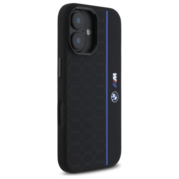 Etui BMW Silicone Hexagon Blue Line MagSafe na iPhone 16 - czarne