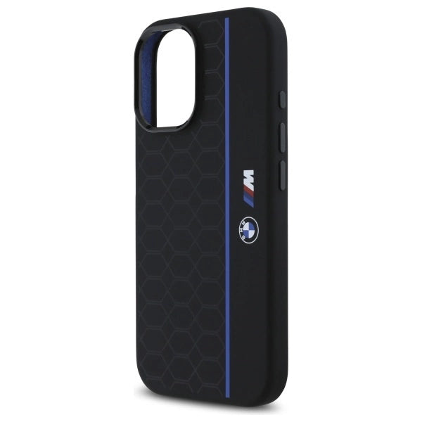 Etui BMW Silicone Hexagon Blue Line MagSafe na iPhone 16 - czarne