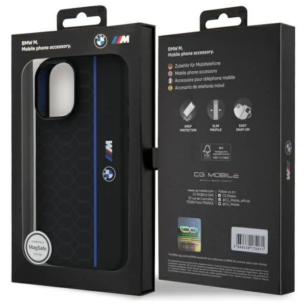 Etui BMW Silicone Hexagon Blue Line MagSafe na iPhone 16 - czarne