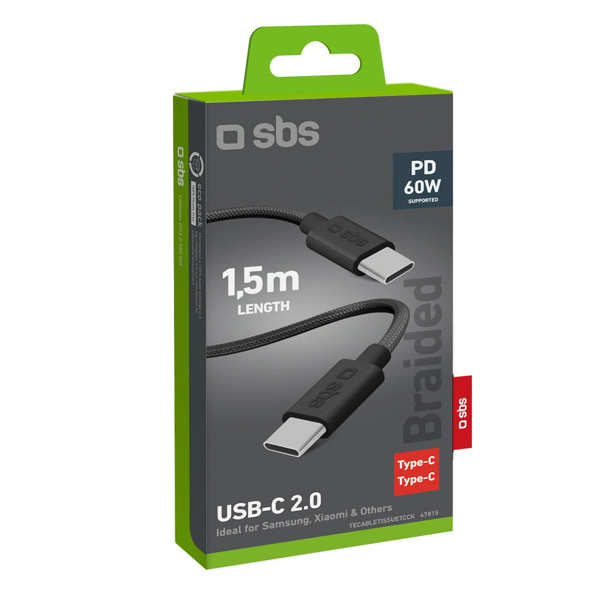 Kabel SBS TECABLETISSUETCCK USB-C - USB-C 1,5m 60W w oplocie - czarny – zdjęcie 2