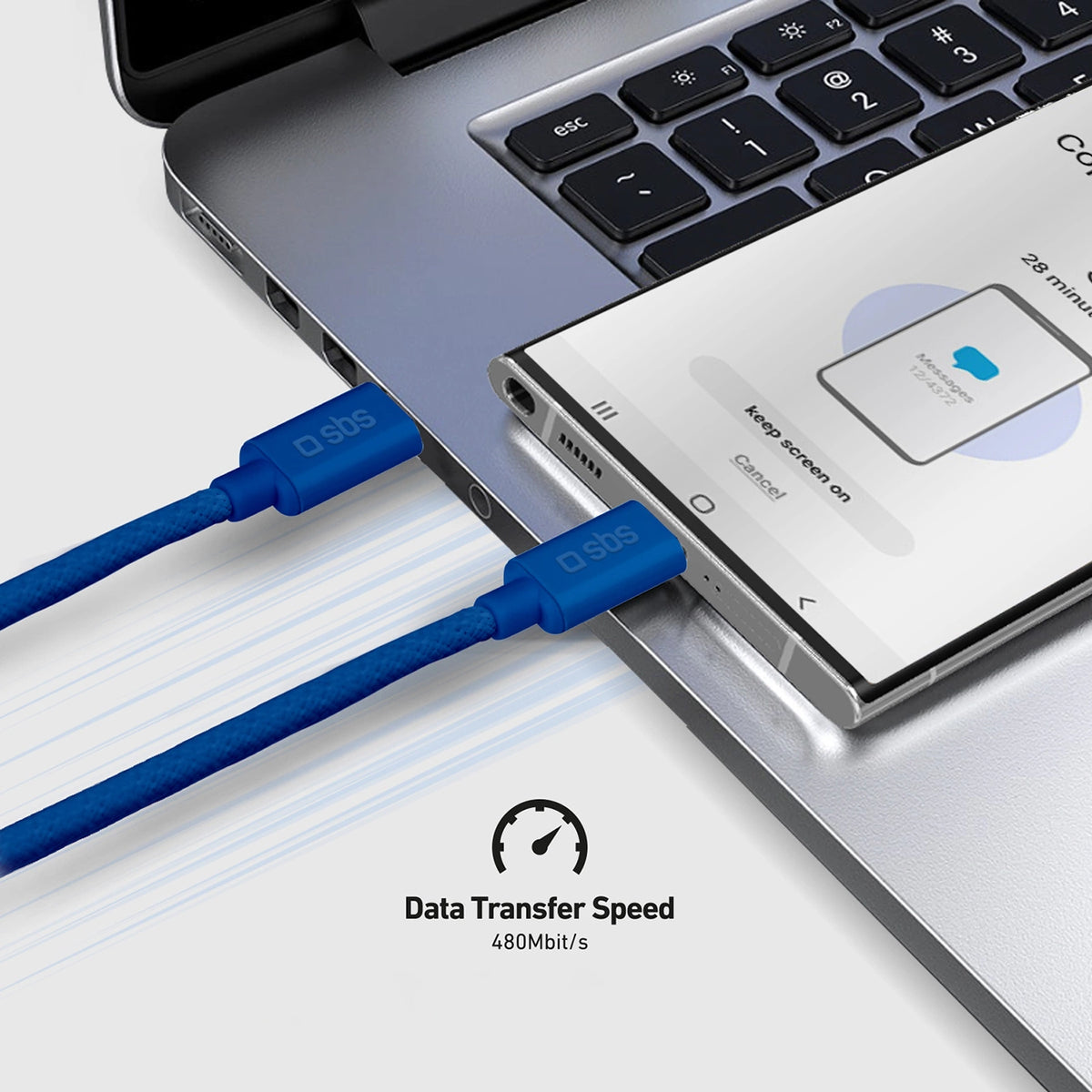 Kabel SBS TECABLETISSUETCCB USB-C - USB-C 1,5m 60W w oplocie - niebieski