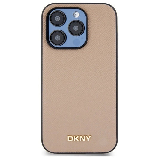 Etui DKNY Grained Metal Logo MagSafe na iPhone 15 Pro - beżowe