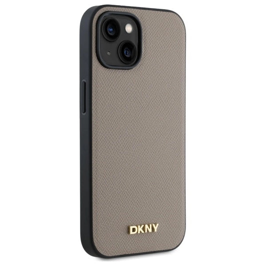 Etui DKNY Grained Metal Logo MagSafe na iPhone 15 - beżowe