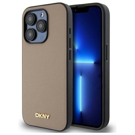 Etui DKNY Grained Metal Logo MagSafe na iPhone 15 Pro Max - beżowe